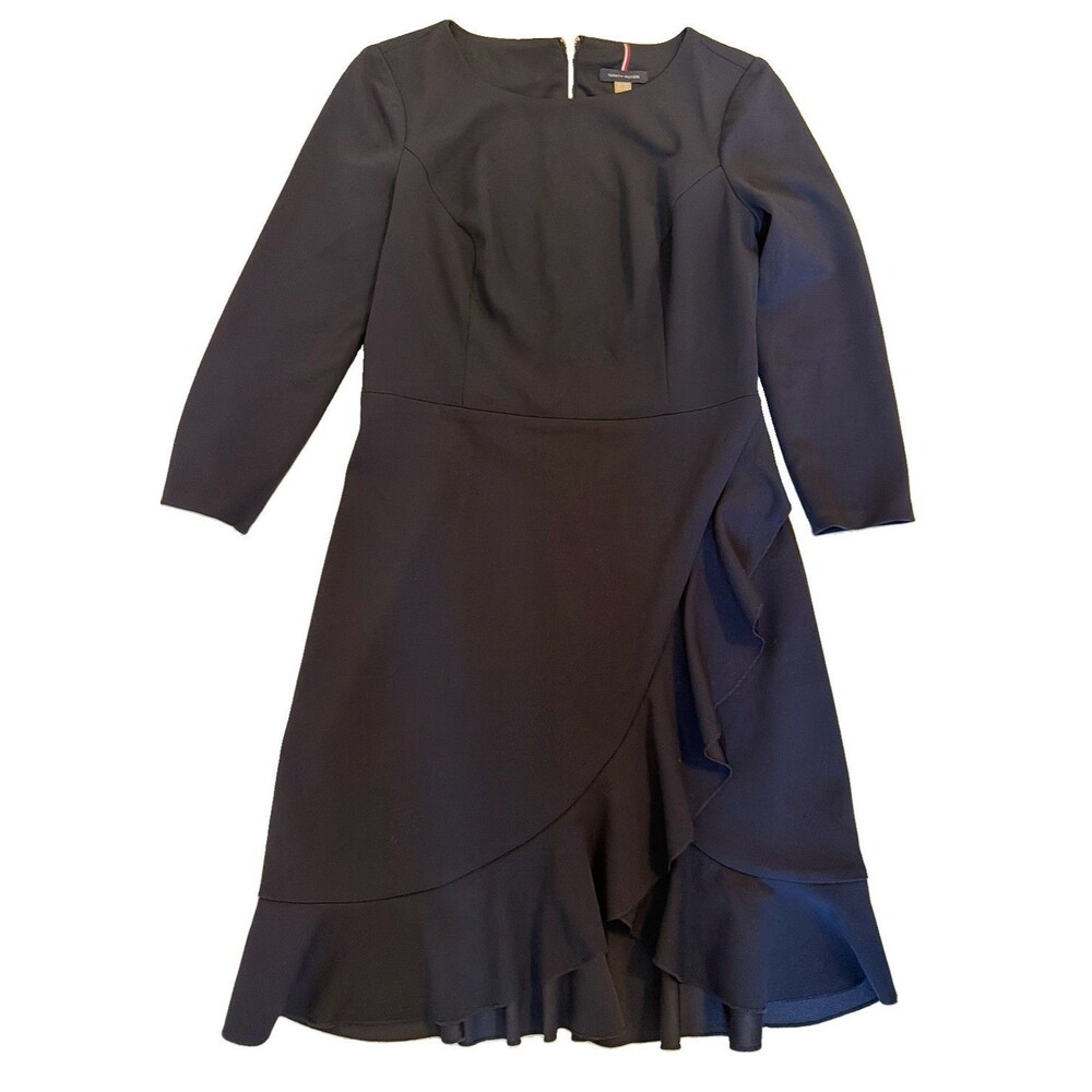 Tommy Hilfiger Navy Solid Sheath Dress Size 8 3/4 Sleeve Crew Neck Zip Stretch